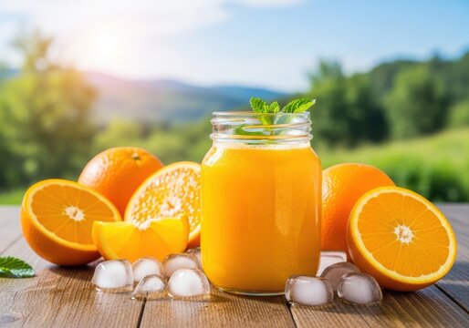 Fresh orange juice in a glass jar with sliced oranges and ice cubes outdoors