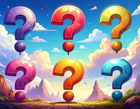 Colorful cartoon question marks against a vibrant sky with puffy clouds. A whimsical, cheerful landscape surrounds