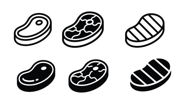 Meat icon set. Beef and steak vector symbols. BBQ, raw meat, and grilled steak pictograms.
