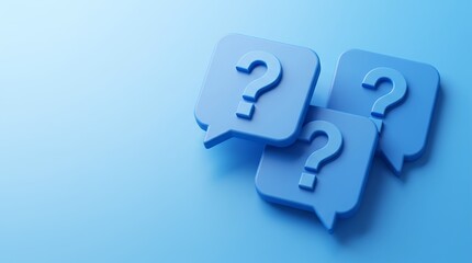 Three blue question mark speech bubbles, a conceptual visual for FAQs and customer support. A modern 3D render representing queries, problem-solving, and communication. © Md Arif Babu