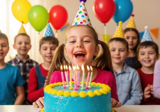 Happy girl blowing candles on a birthday cake with friends at a party