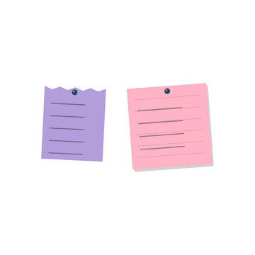 Purple and pink sticky notes with lines pinned up for reminders and office task management