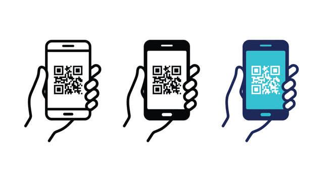 QR code icon. Mobile phone scanning QR code symbol. Hand holding smartphone with scanner pictogram. Simple vector illustration.