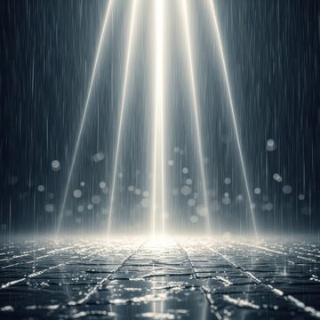 Bright light beams shining down on a dark wet floor