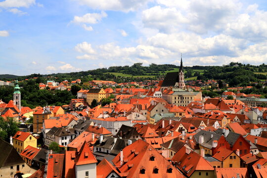 Cesky Krumlov, Czech Republic. Old buildings, houses with red roofs in the medieval town. Krumlov, Czech