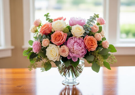 Beautiful colorful flower bouquet in a glass vase on a wooden table