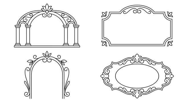 Set of decorative vintage frames, ornate border flourishes, classic victorian arch designs, calligraphic elegant scrolls for wedding invitations