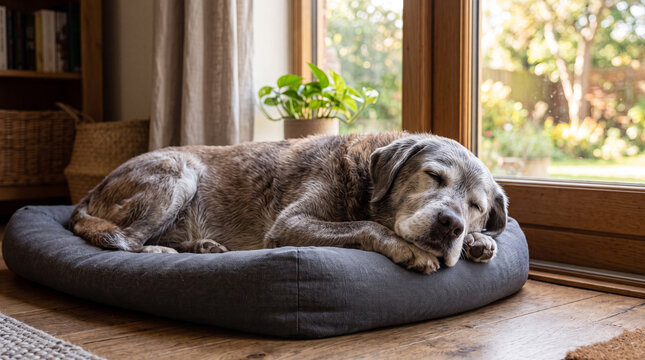Cute Dog Sleeping Peacefully on a Cozy Couch at Home, Adorable Domestic Pet Resting Comfortably on a Sofa with Soft Fur and Relaxed Paws