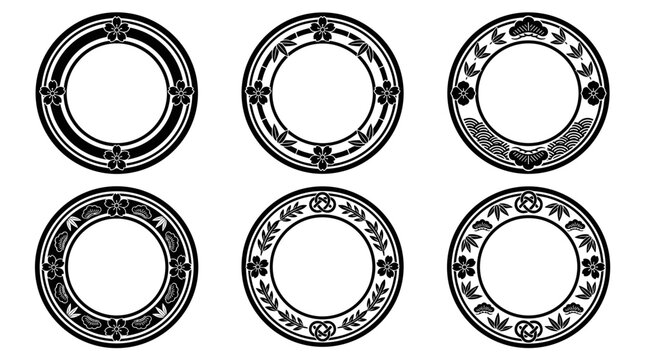 Collection of six decorative circular frames with ornate floral and geometric patterns, vintage style border elements, intricate engraving