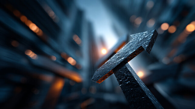 Conceptual metal arrow pointing up amidst dark industrial abstract environment