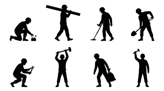 Set of black military soldier silhouettes in various combat and labor poses, tactical training, army maintenance, peacekeeping, defense operations