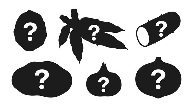 Set of six isolated black silhouettes of various objects with question marks inside, collection of unknown items, mystery symbols, guessing game