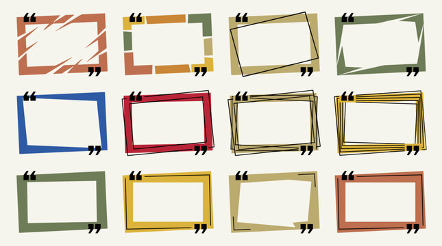 Set of twelve decorative quote box frames with hand drawn textured borders, diverse colorful speech bubble styles, perfect for typography layouts