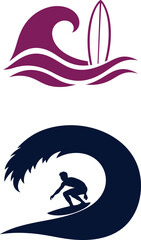 Naklejka premium Surfer riding a wave with a surfboard in the ocean and a stylized wave logo