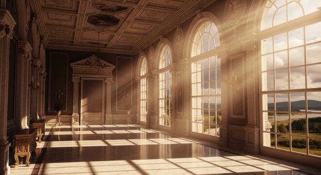 Sunlight streaming through windows into a grand palace hall