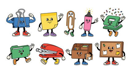 Fototapeta premium Set of retro stationery characters including stapler, paperclip, and sticky notes, colorful office supply mascots, business organization and school