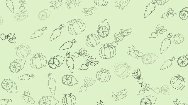 Doodle vegetable pattern with carrots, pumpkins, beets, ginger, citrus. Suitable for kitchen decor, food packaging, textiles, and wallpaper.