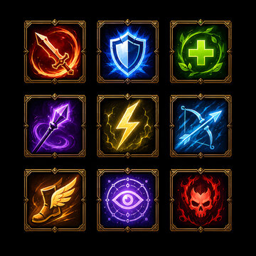 Fantasy RPG achievement badge icon collection with shield emblems, quest rewards, guild, combat and progression symbols
