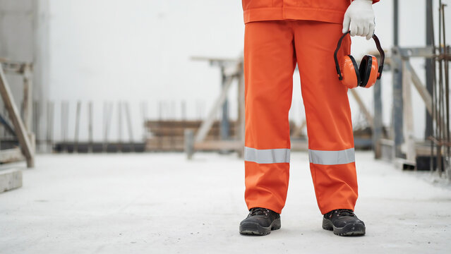 Worker in orange safety uniform holding earmuffs on construction site