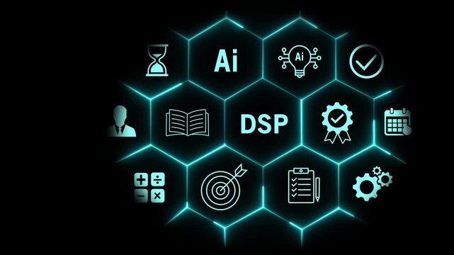 Digital signal processing dsp technology concept with glowing hexagonal network interface featuring artificial intelligence ai and business data analytics workflow automation symbols for modern