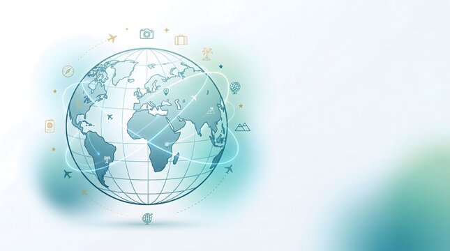 Global business travel and international flight routes over world map. 3D digital earth with aviation network and connectivity concept.