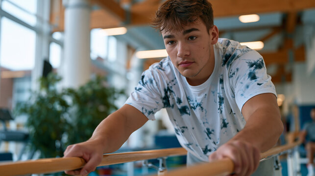 Young man in physical therapy gymnasium relearning to walk between parallel bars with focused expression not tearful not triumphant just entirely present in the radical ordinary work of recovery rep