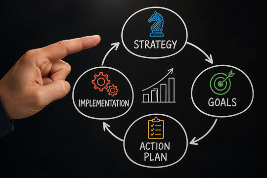 A hand points to a diagram illustrating the cycle of Strategy, Goals, Action Plan, and Implementation on a dark background.