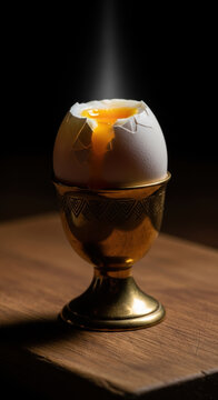 A hot soft boiled egg in a gold egg cup on a dark wooden table
