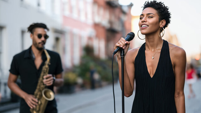 Street singer with saxophonist for concert and event promotion