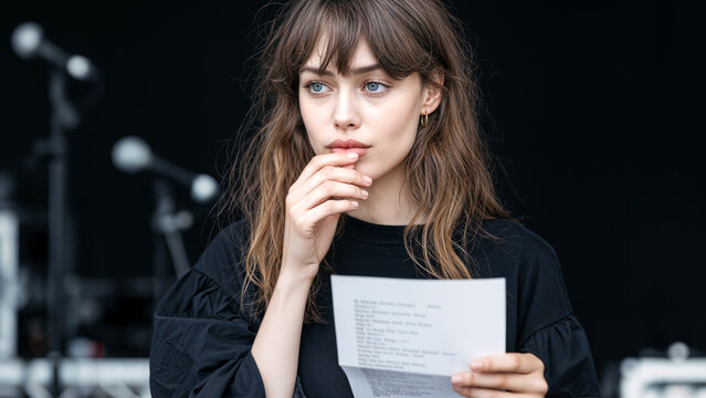 Thoughtful singer with lyric sheet for vocal training and music promotion