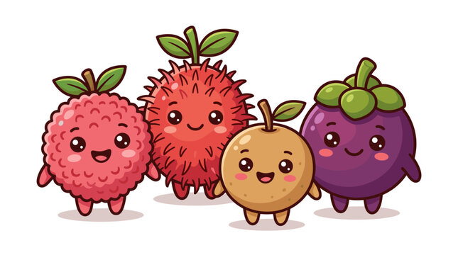 Cute Kawaii Fruits Characters Grouped Together