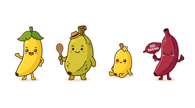 Cute Kawaii Banana Characters Collection with Different Colors and Styles