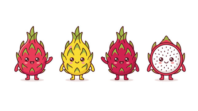 Cute Dragon Fruit Characters Waving and Smiling