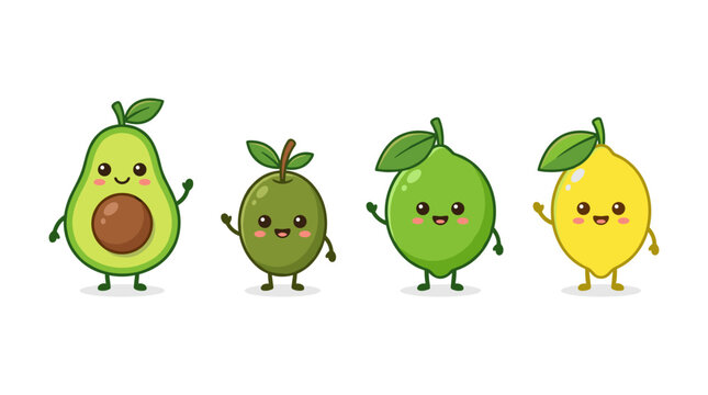 Cute Cartoon Avocado Lime Lemon Olive Collection Waving