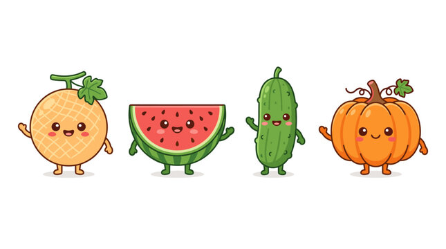 Cute Kawaii Fruits and Vegetables Characters Waving