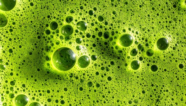 Macro View of Fresh Green Juice Bubbles and Frothy Surface Texture