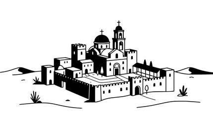 Monastery fortress building in desert landscape, black and white drawing © illustration