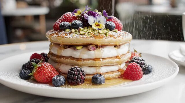 Delicious Gourmet Pancake Stack with Fresh Berries, Whipped Cream, Maple Syrup and Powdered Sugar