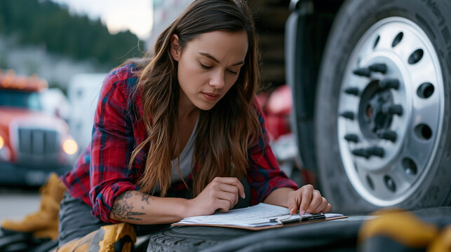Female trucker completing a pre-trip vehicle inspection at a rural freight depot, checking air brake lines under the trailer, inspection form on a clipboard balanced on the fender, early morning mis