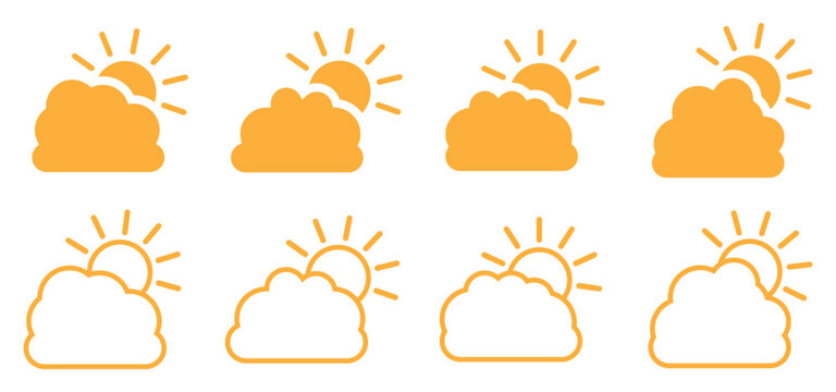 Partly cloudy weather icon. Sun and cloud symbol. Weather forecast vector icon set featuring partly cloudy sun and cloud graphic variations for meteorological climate reports and mobile app interface 