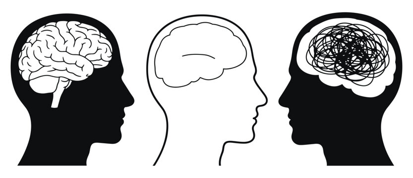 Three human head silhouettes showing different brain states including a detailed brain, an empty brain, and a tangled messy brain on white
