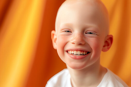 Albino boy with missing front teeth smiles brightly in macro portrait against a colorful background
