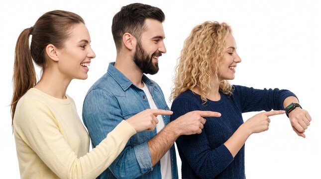 Three friends pointing at a smartwatch, excited about the time