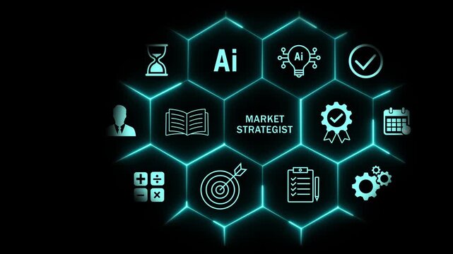 Advanced market strategist concept featuring digital hexagonal network interface with artificial intelligence data analytics symbols, and corporate planning for modern business technology