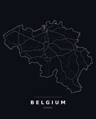 Fototapeta premium Belgium Europe country map with internal region boundaries and major highways. Editable white line vector on a black background for dark mode slides and web design.