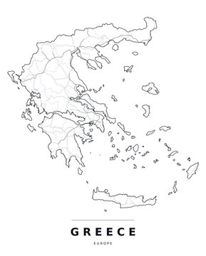 Greece Europe country map with internal region boundaries and major highways. Editable black line vector on a white background for poster print and classroom use.