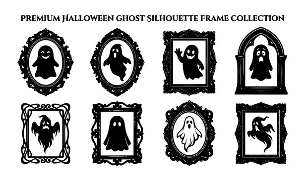 Eight Halloween ghost silhouette portraits in ornate vintage picture frames vector collection