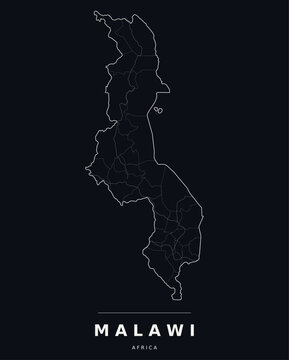 Malawi Africa country map with internal region boundaries and major highways. Editable white line vector on a black background for dark mode slides and web design.