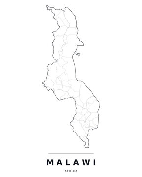 Malawi Africa country map with internal region boundaries and major highways. Editable black line vector on a white background for poster print and classroom use.