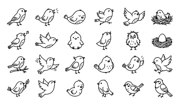 Adorable Hand Drawn Bird Doodles Black Outline Vector Illustration Collection
